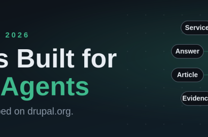 Knowledge-graph diagram: governed Drupal content types — Service, Answer, Article, Evidence — converging into a schema.org JSON-LD hub that feeds an answer engine, beside the title 'Drupal Was Built for the Age of Agents.'