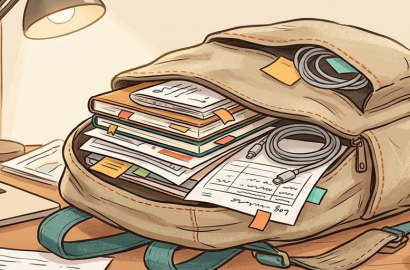 Abstract context backpack carrying logs, outputs, and compressed summaries.