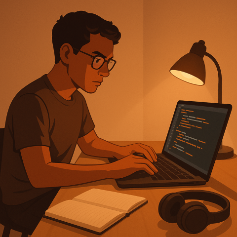 A developer working late at a small home desk, focused on a glowing laptop screen. The workspace is softly lit by a desk lamp with a notebook and coffee mug nearby. The person, matching the reference photo, wears a casual hoodie and jeans, conveying dedication and quiet concentration.