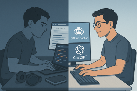 A developer seated at a modern desk with two side-by-side monitors. The left monitor shows raw code and online documentation, while the right displays an AI assistant suggesting code improvements. The lighting is darker on the left and brighter on the right, symbolizing progress. The developer, consistent with the reference photo, is facing the screens with focused posture.