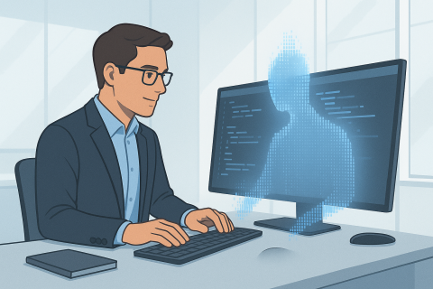 A developer collaborating with a glowing holographic AI assistant beside a computer monitor. The workspace is modern and well lit, with clean lines and soft ambient lighting. The developer, matching the reference photo, looks engaged and thoughtful as code is displayed on the screen.