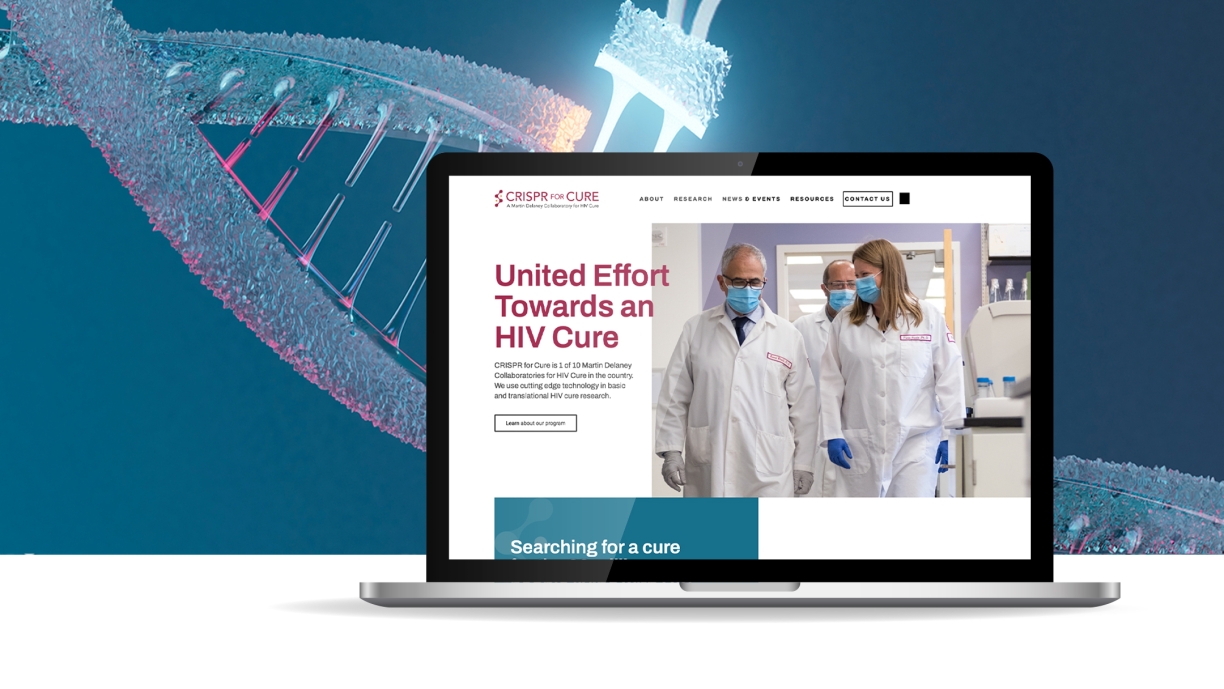 Laptop with CRISPR for CURE homepage image on a background rendering of a DNA strand being spliced 