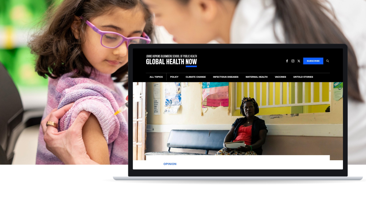 Global Health NOW homepage shown on a laptop over a photo of a girl receiving a vaccination