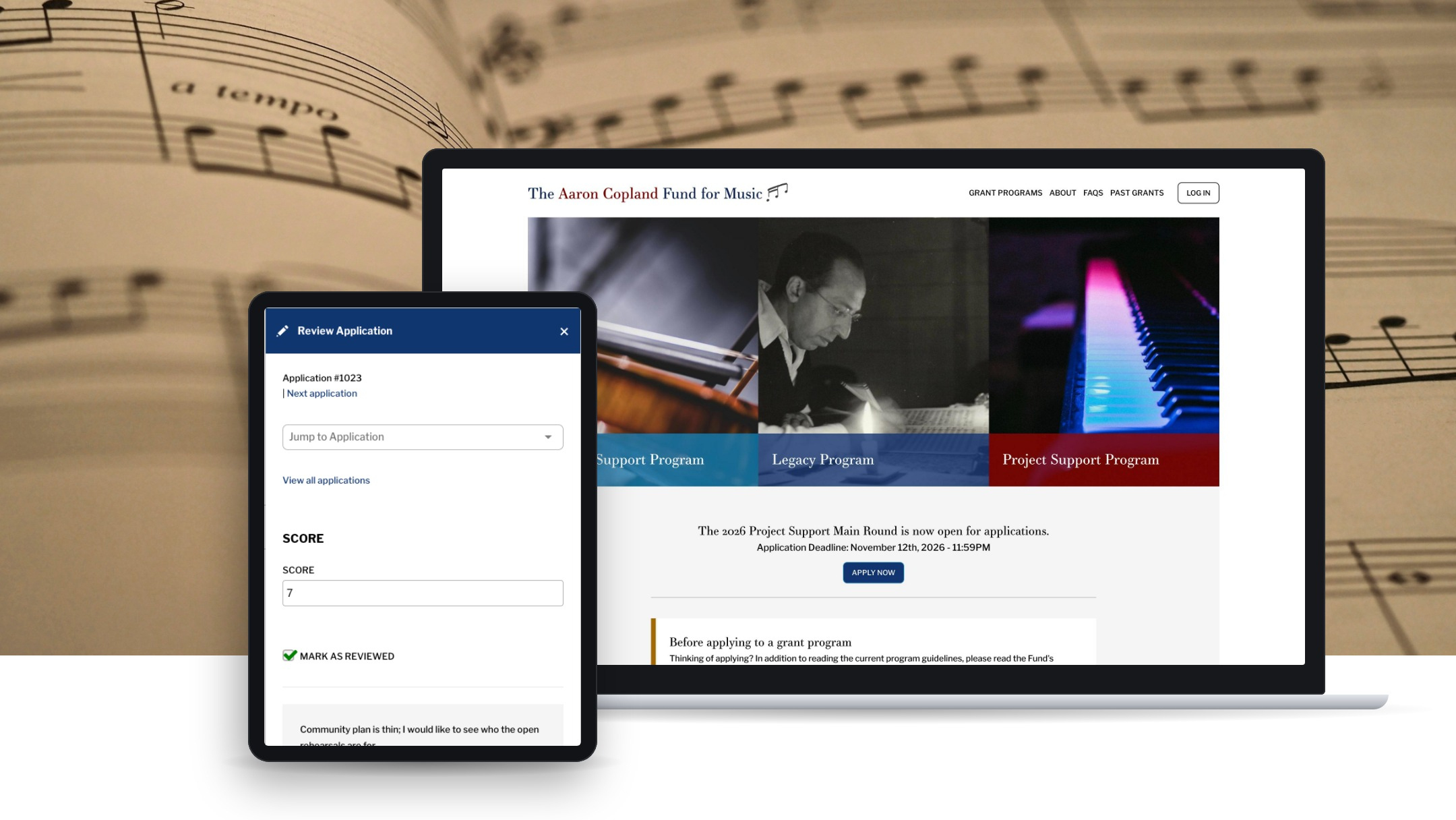 Aaron Copland Fund for Music homepage on a laptop beside a tablet showing the ApplyCycle panel review screen, over a photo of an open book of sheet music