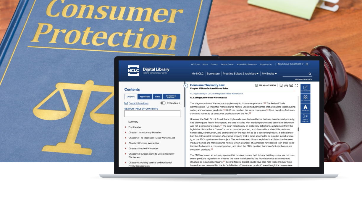 NCLC Digital Library reader on a laptop in front of a Consumer Protection law book and gavel